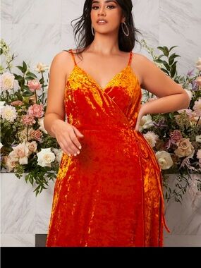 SHEIN Orange Velvet Wrap Maxi Dress